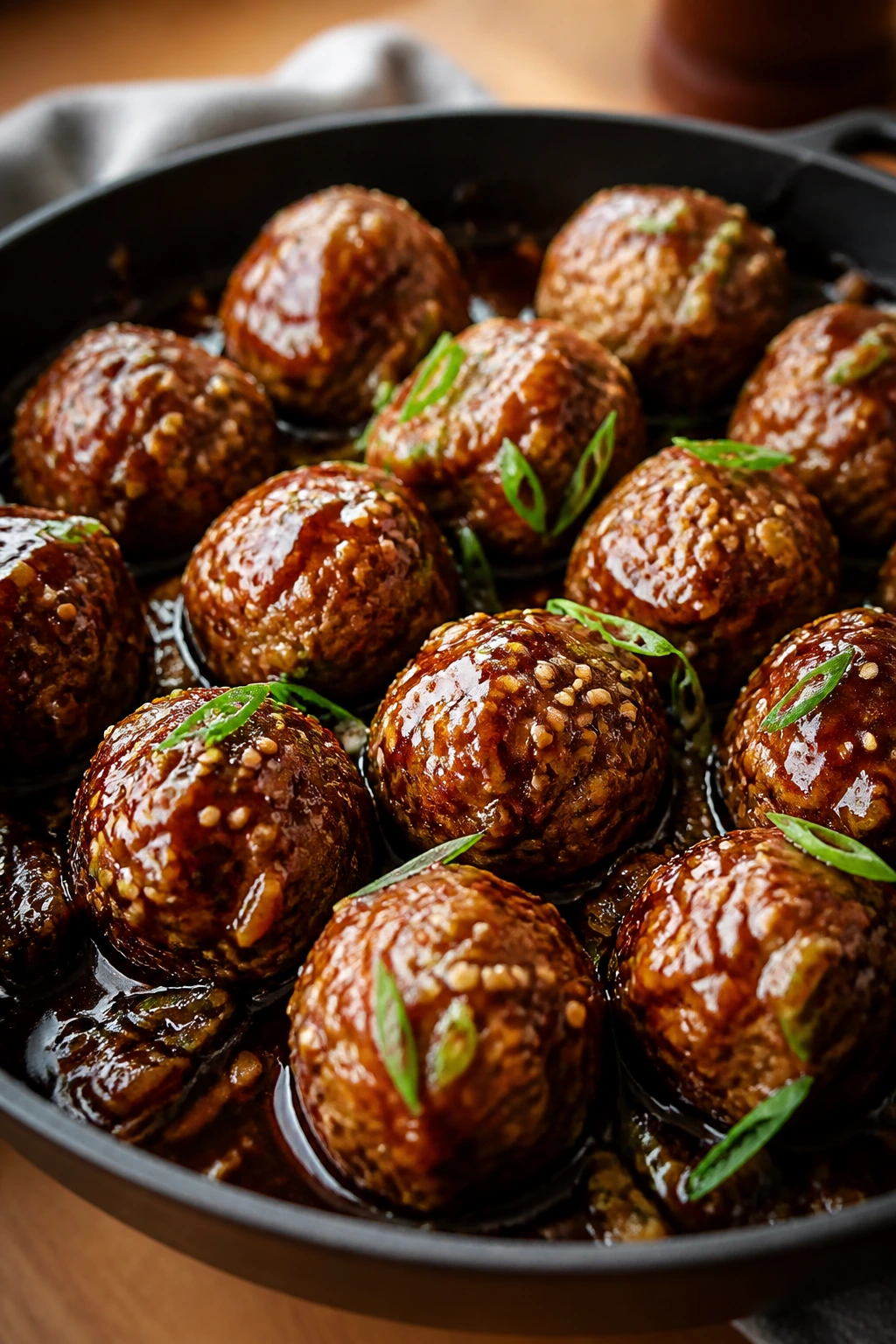 Close-up of Ginger-Teriyaki BBQ Meatballs with a glossy glaze