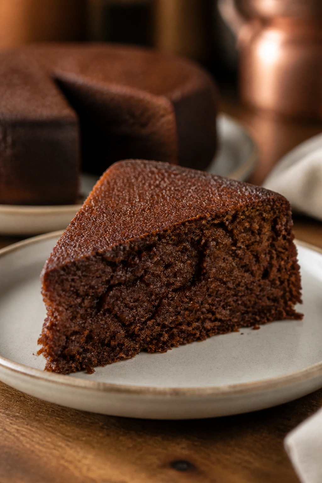 Close-up of a dark gingerbread cake wedge on a plate in a warm kitchen