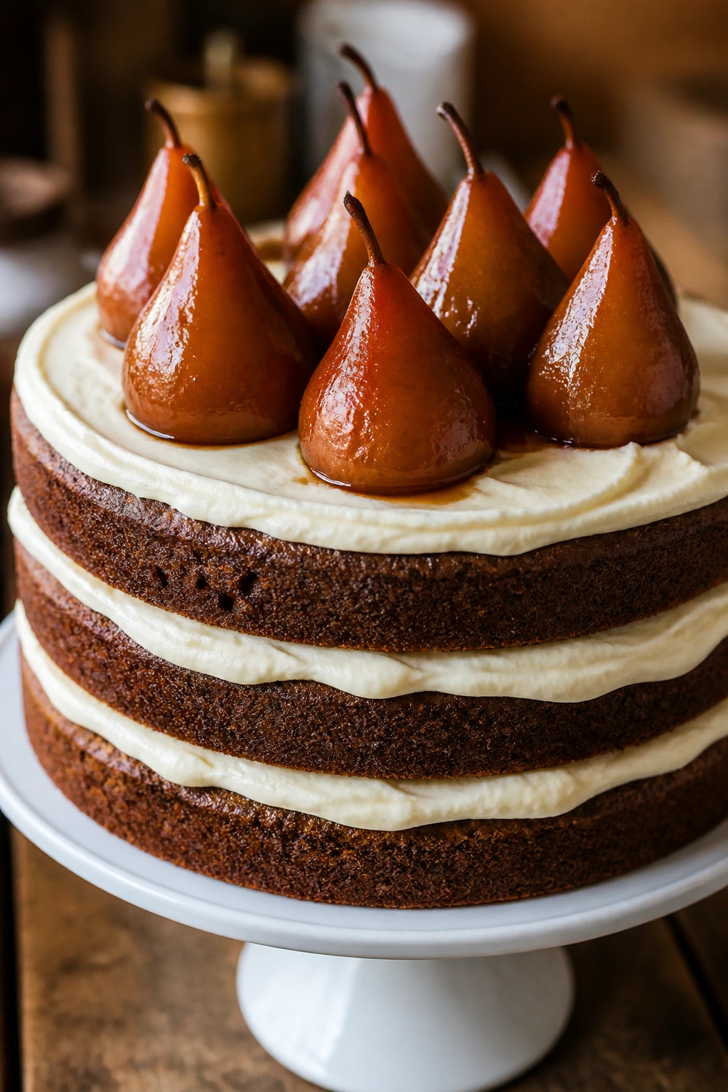 Close-up of gingerbread layer cake with poached pears on a cake stand