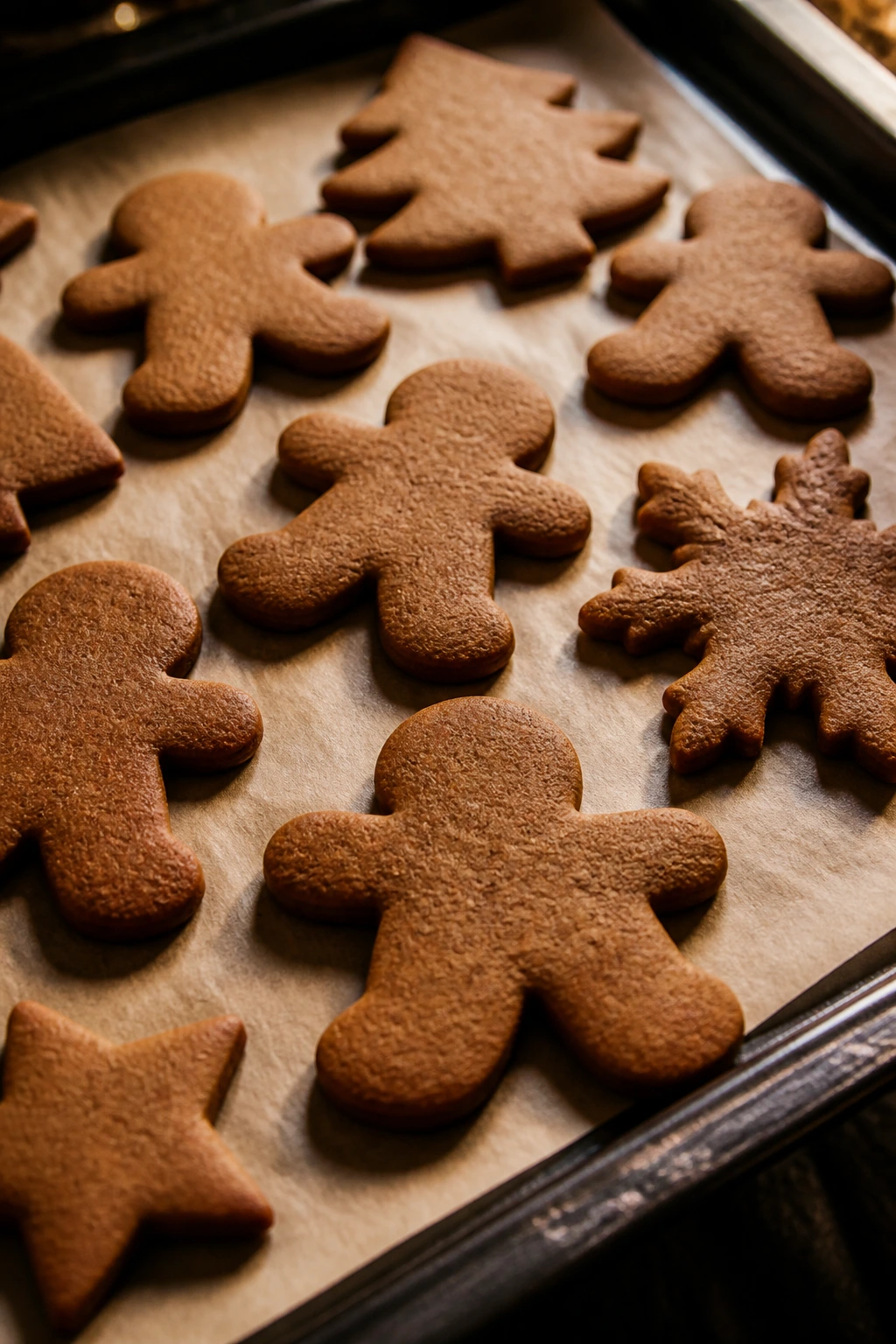 Close-up of gingerbread cookies cutouts on parchment-lined baking sheet
