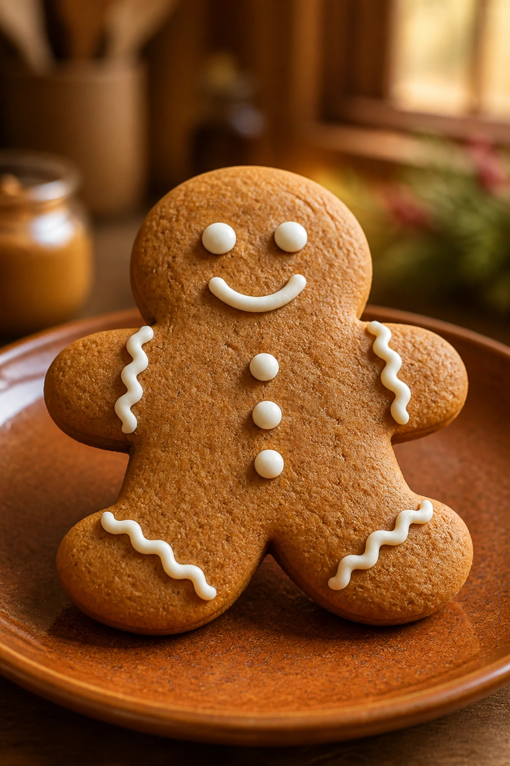 Close-up of a soft gingerbread man cookie on a warm plate
