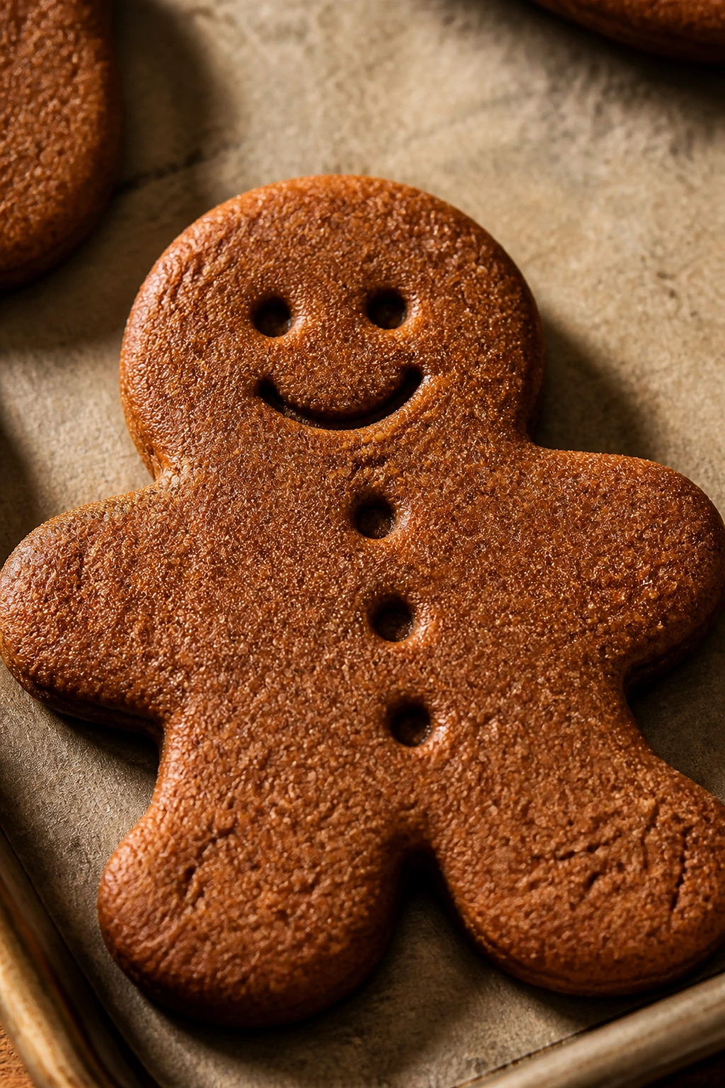 Close-up of a gingerbread man cookie with warm spice tones