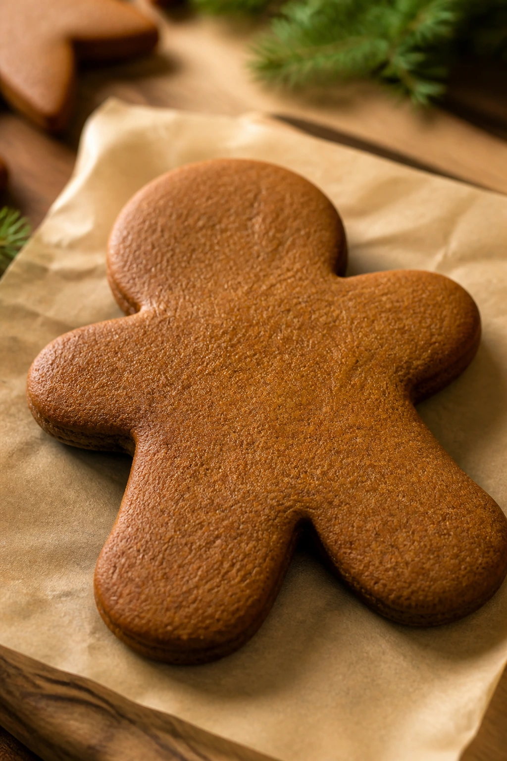 Close-up of a gingerbread cutout cookie on parchment in a warm kitchen