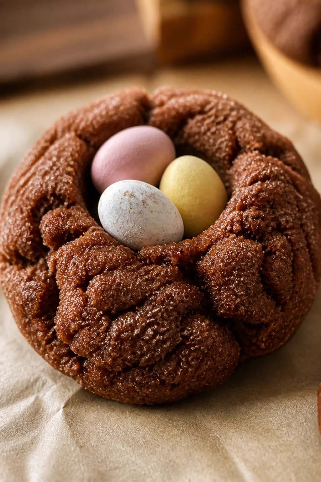 Close-up of a gingerbread nest cookie with candy eggs on a warm kitchen surface