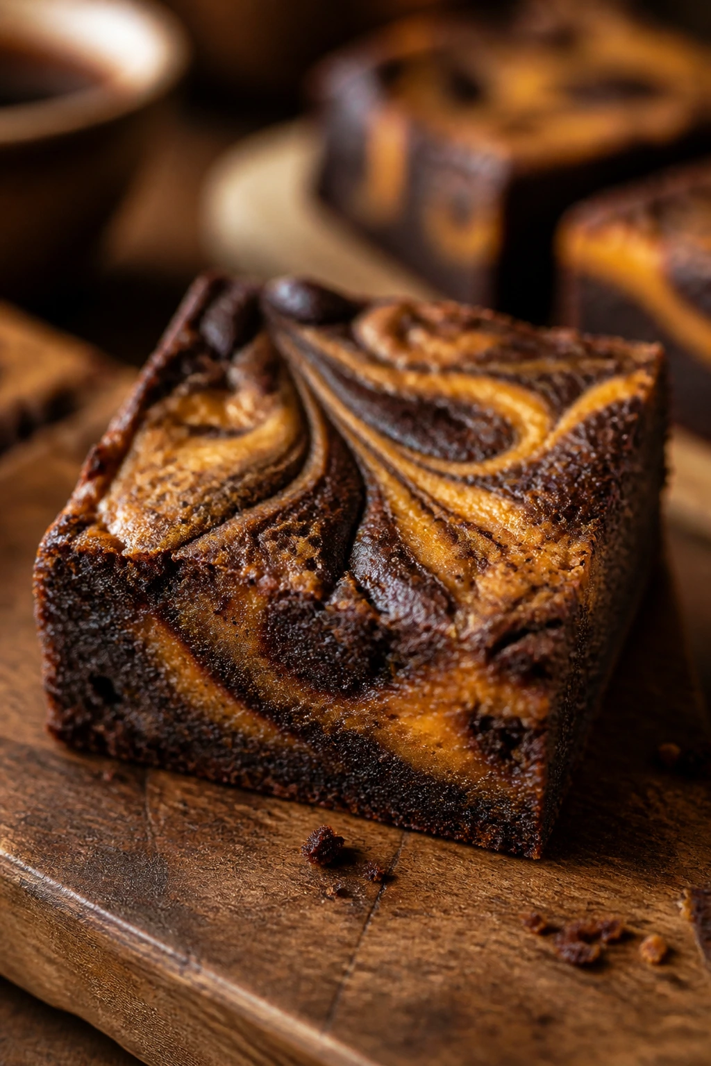 Close-up of a fudgy gingerbread pumpkin swirl brownie on a wooden board