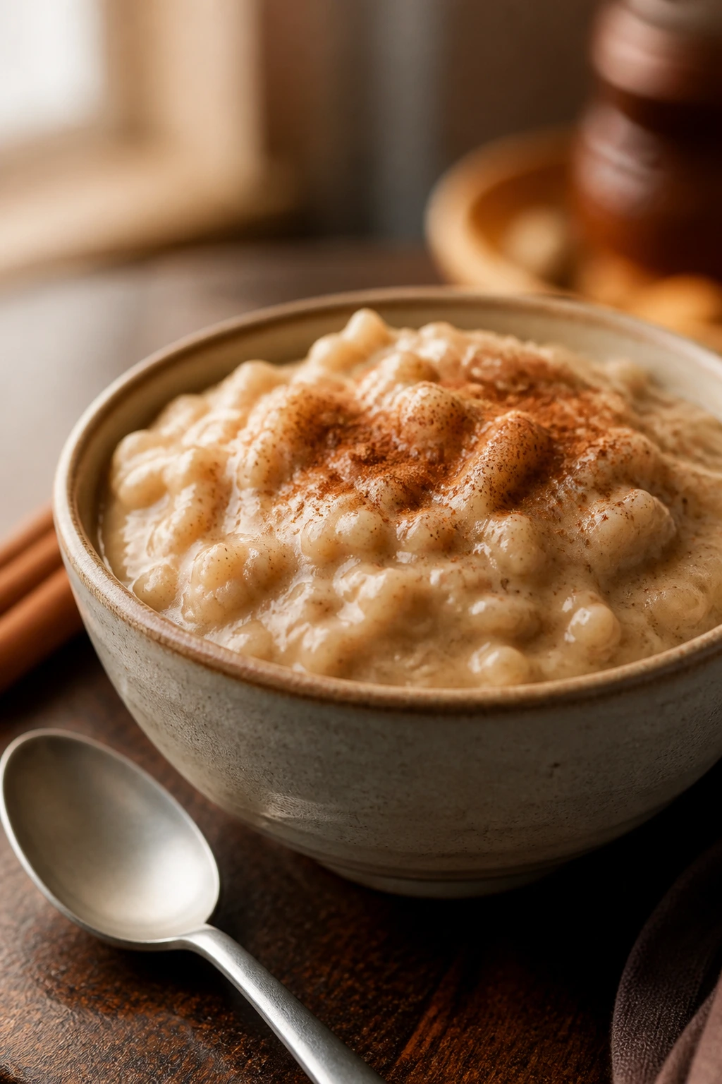 Creamy gingerbread rice pudding in a small bowl with cinnamon dusting