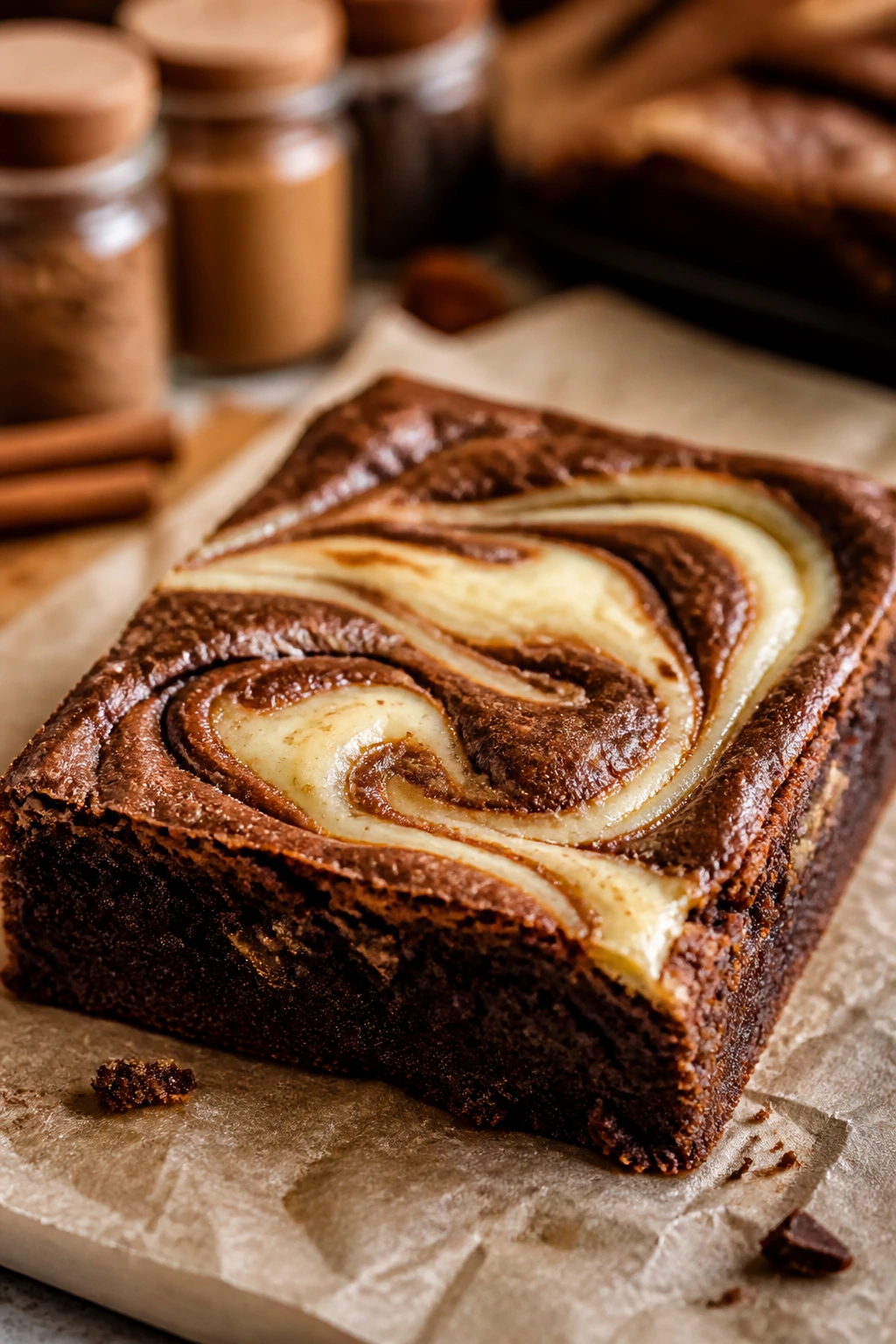 Close-up of gingerbread swirl brownie with spice-infused swirl