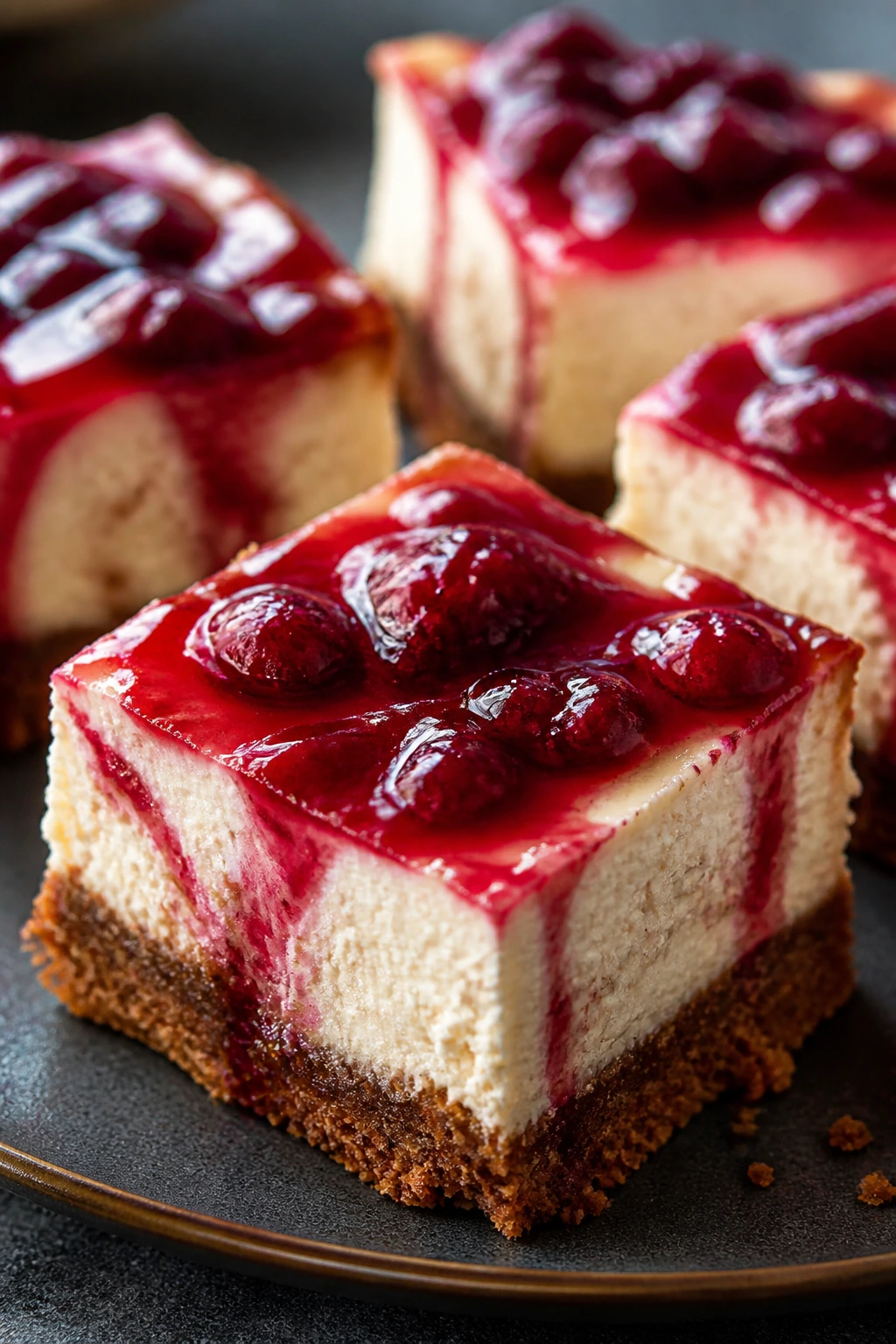 Gingersnap cheesecake bars on plate with cranberry topping