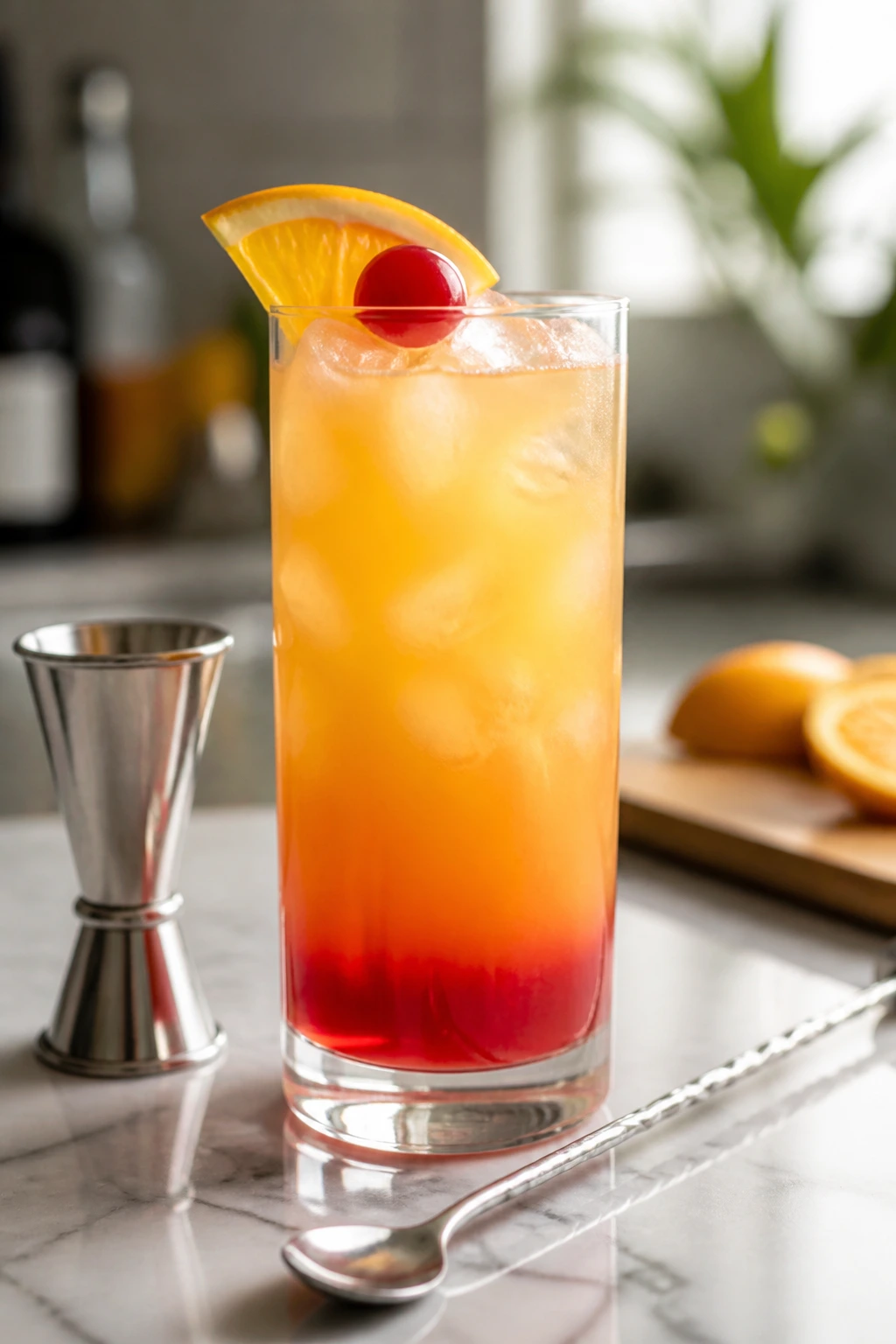 Malibu Sunrise in tall glass with measuring tools nearby