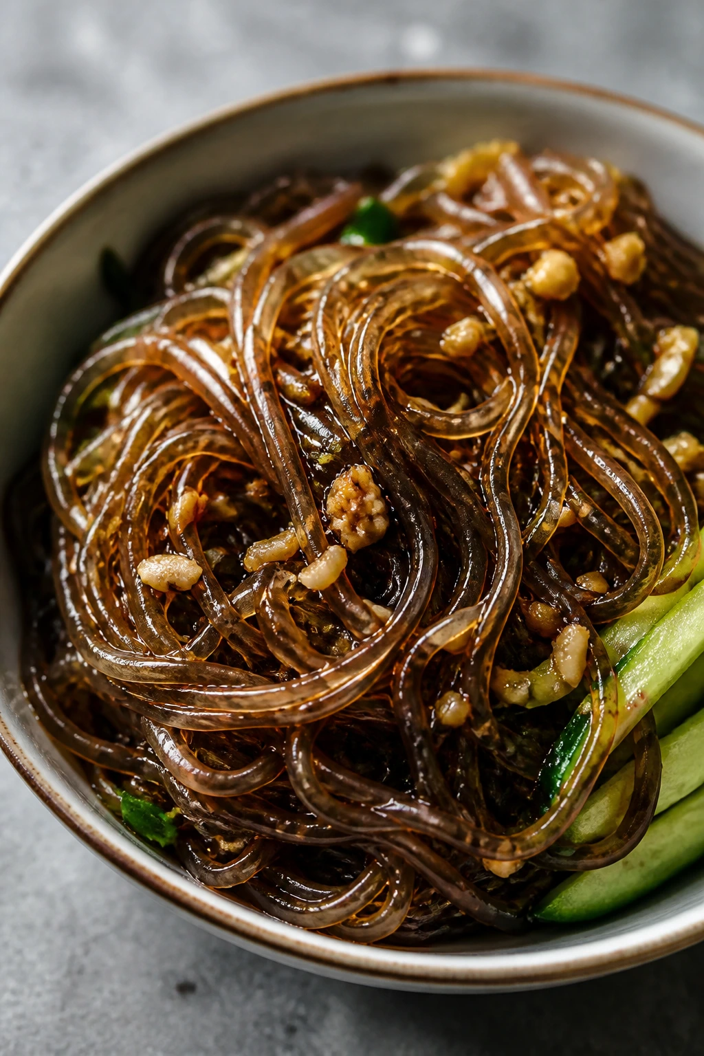 Close-up of glass noodles in dark vinegar sauce