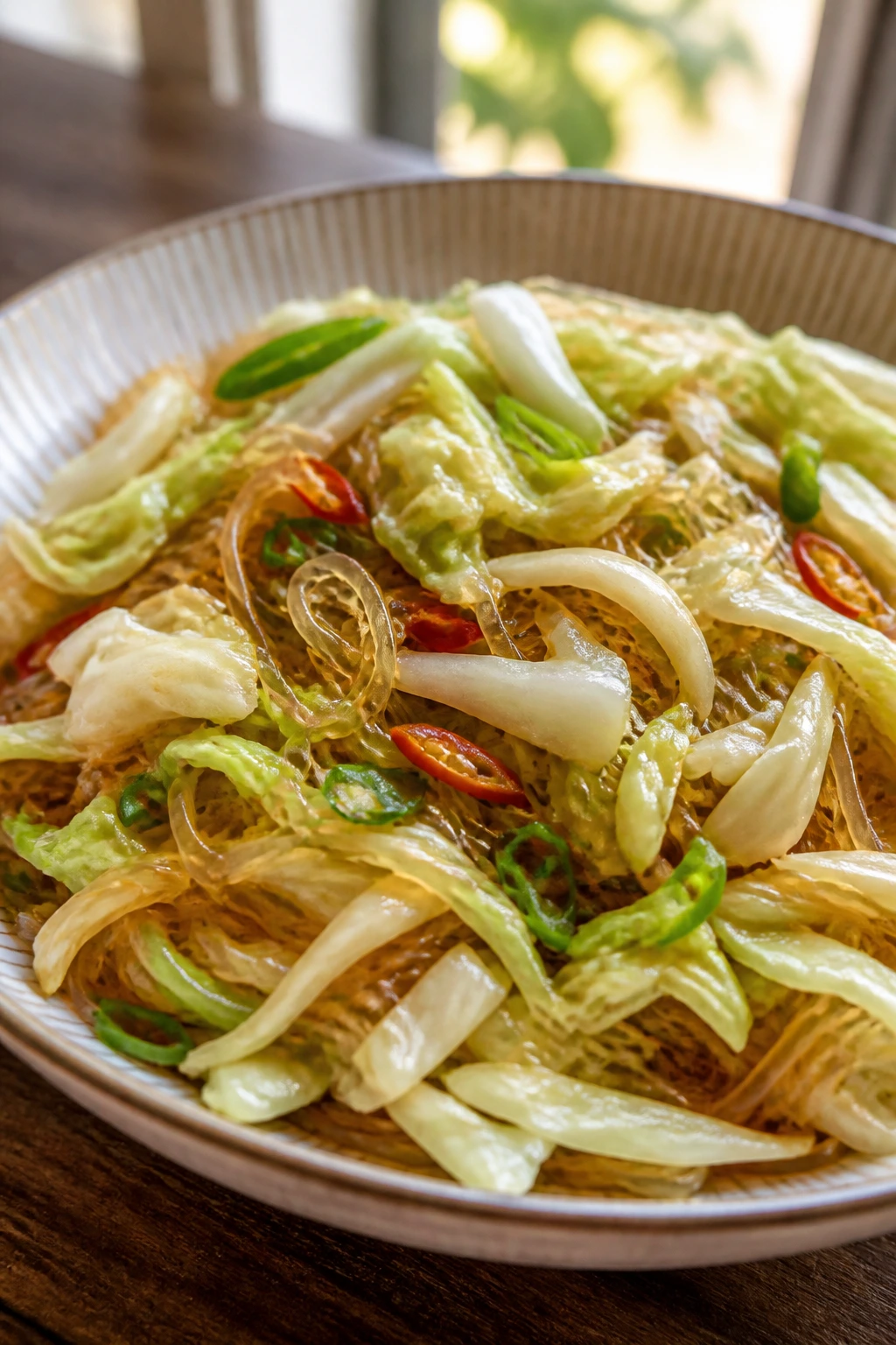 Close-up of glass noodles and cabbage in a bowl