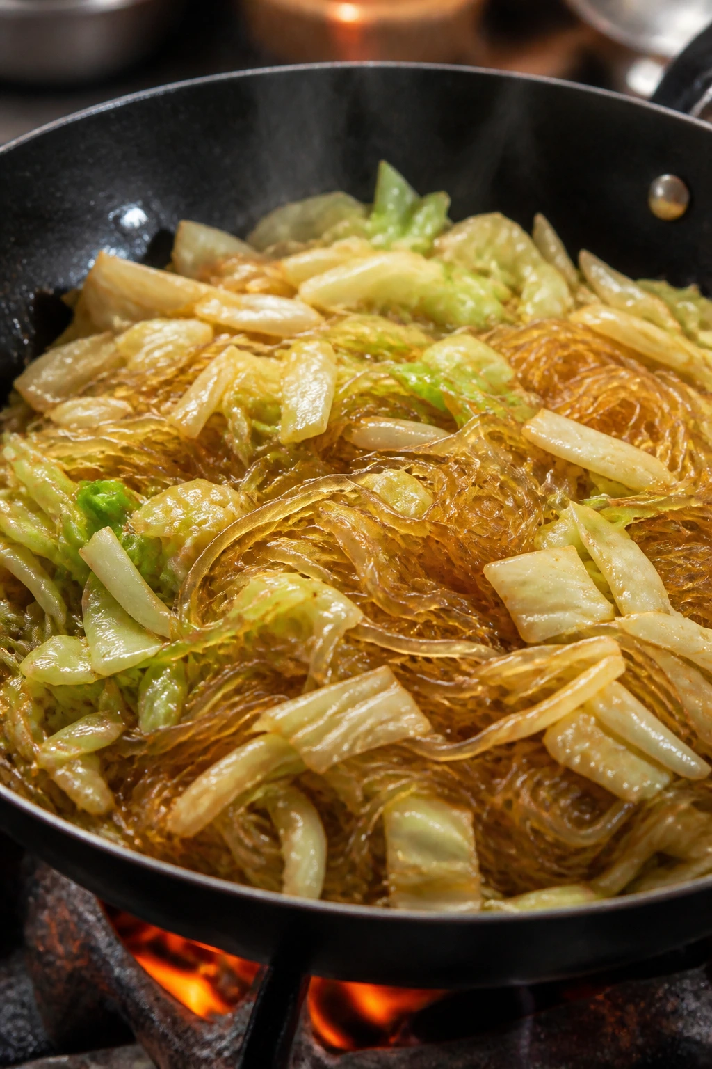 Glass noodles and cabbage stir-fry in a wok