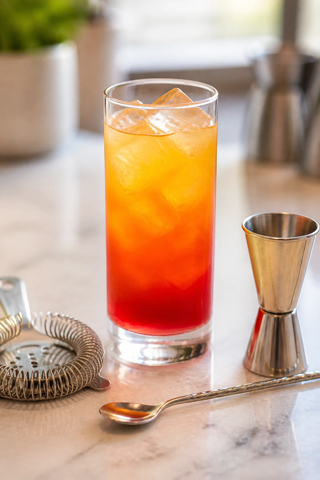 Glass and essential bar tools arranged beside a Malibu Sunset glass