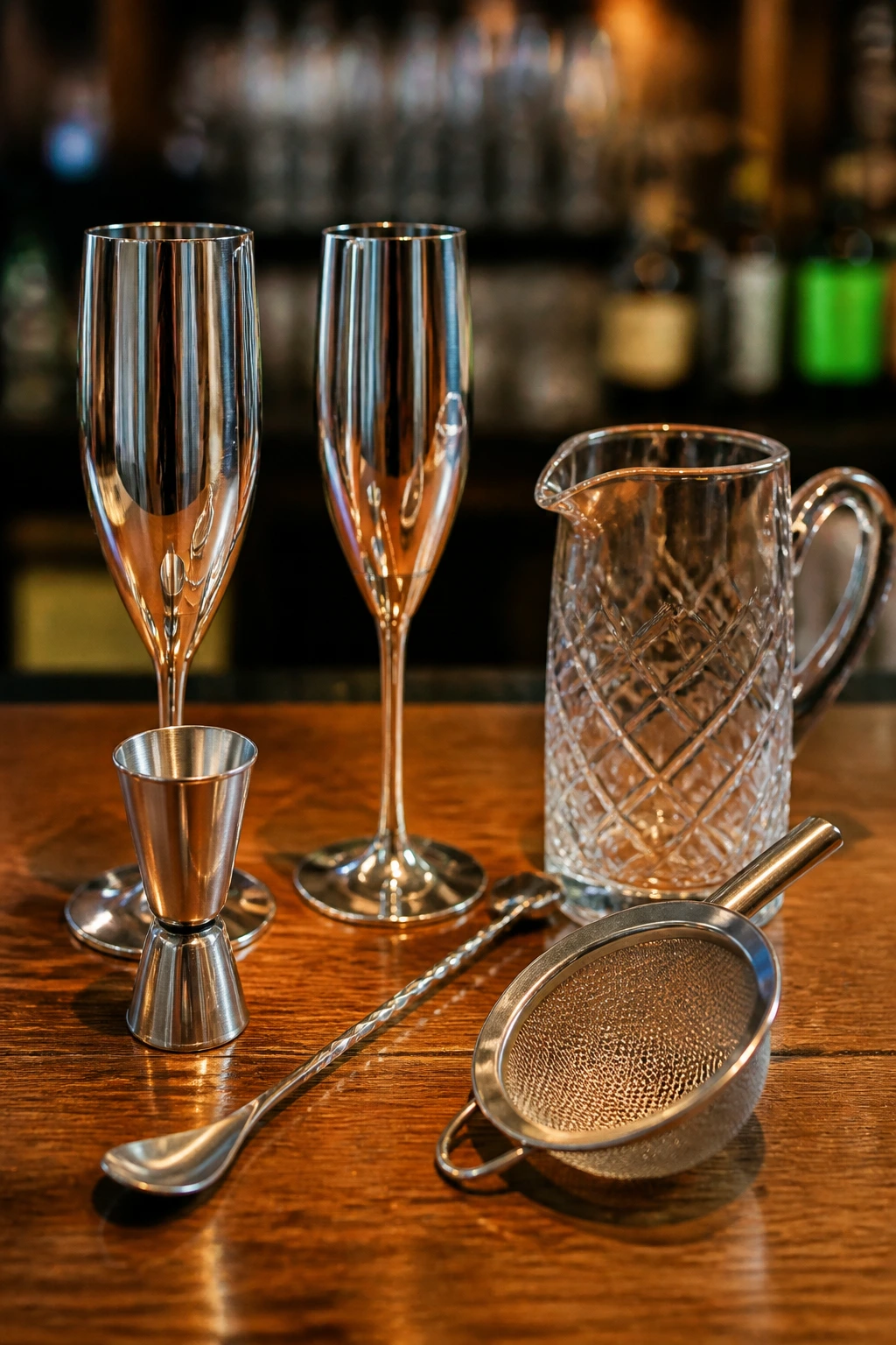 Champagne flutes and bar tools arranged on a wooden bar top