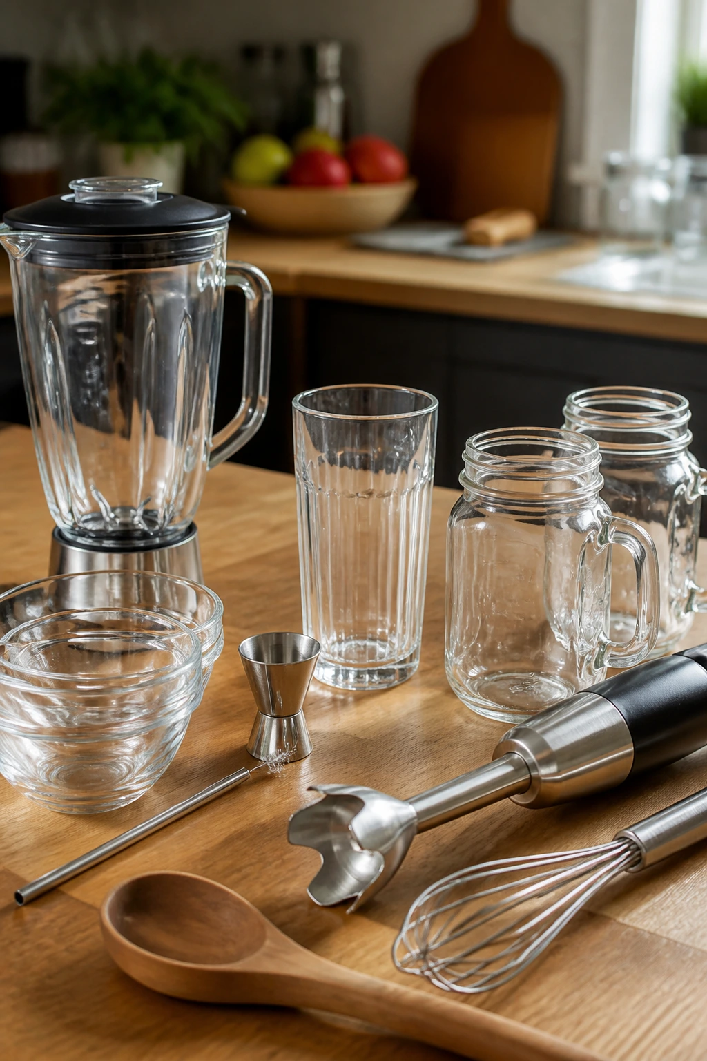 Glassware and bar gadgets neatly arranged on a wooden counter