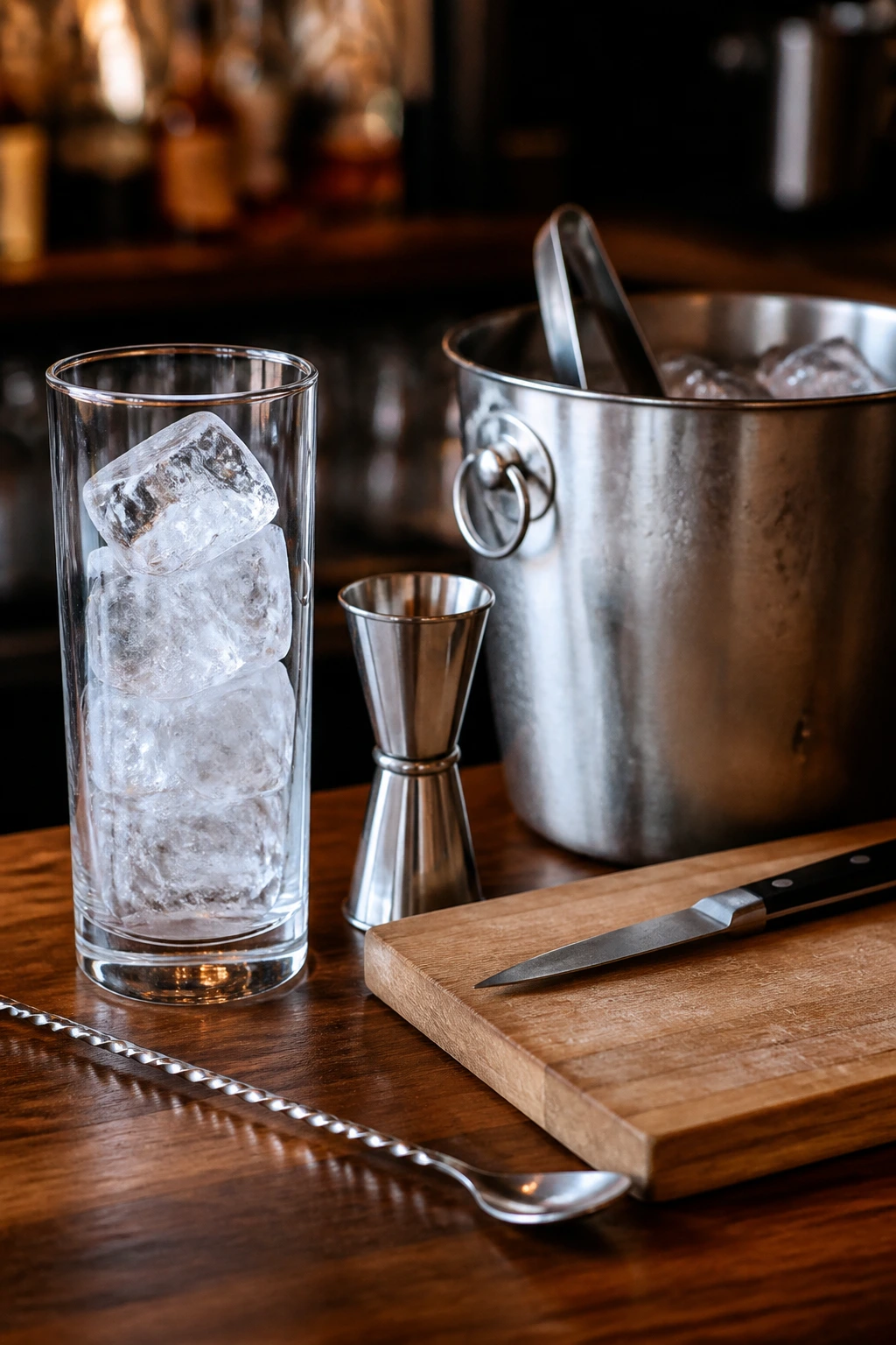 Close-up of glassware and bar tools around an ice-filled highball glass