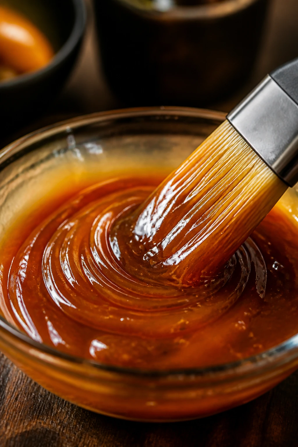 Glossy amber glaze swirling in a small bowl with a warm kitchen backdrop