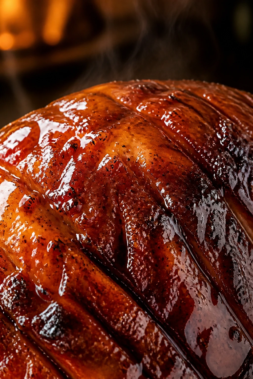 Glossy glaze on ham with amber tones and light smoke
