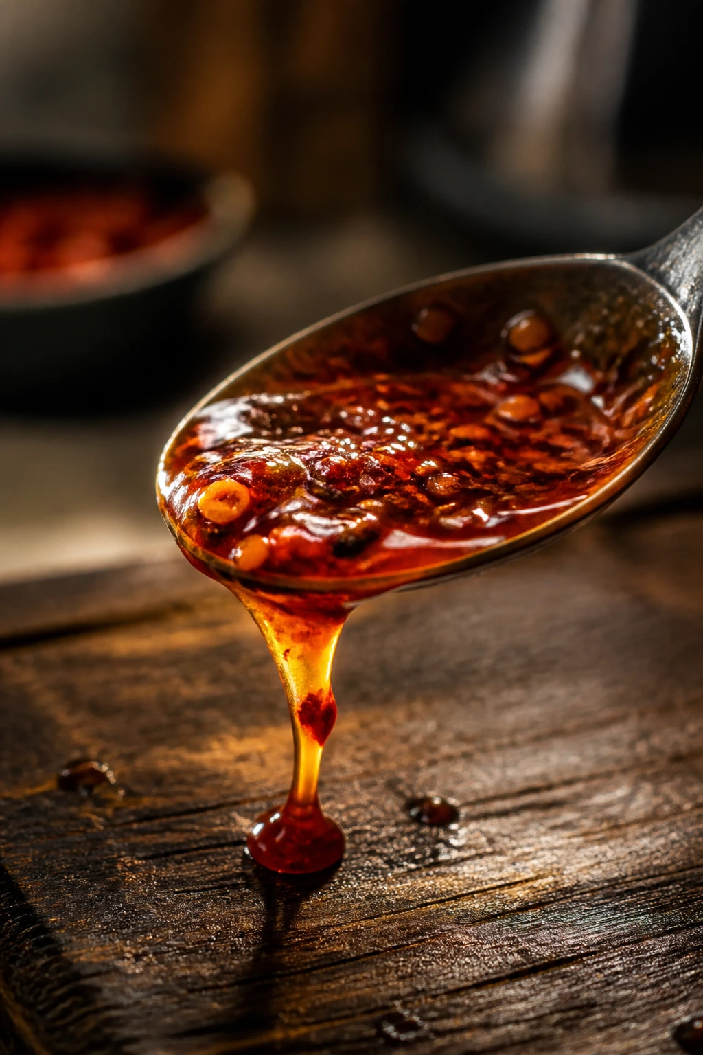 Close-up of glossy amber glaze on a spoon in a warm kitchen setting