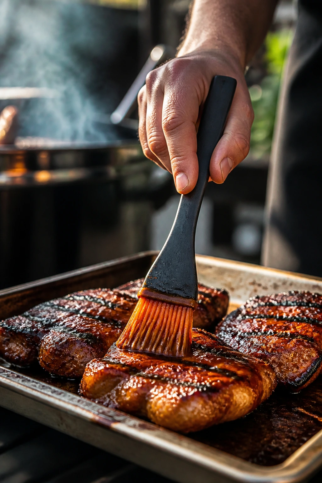 Hand applying glaze to grilled meat outdoors