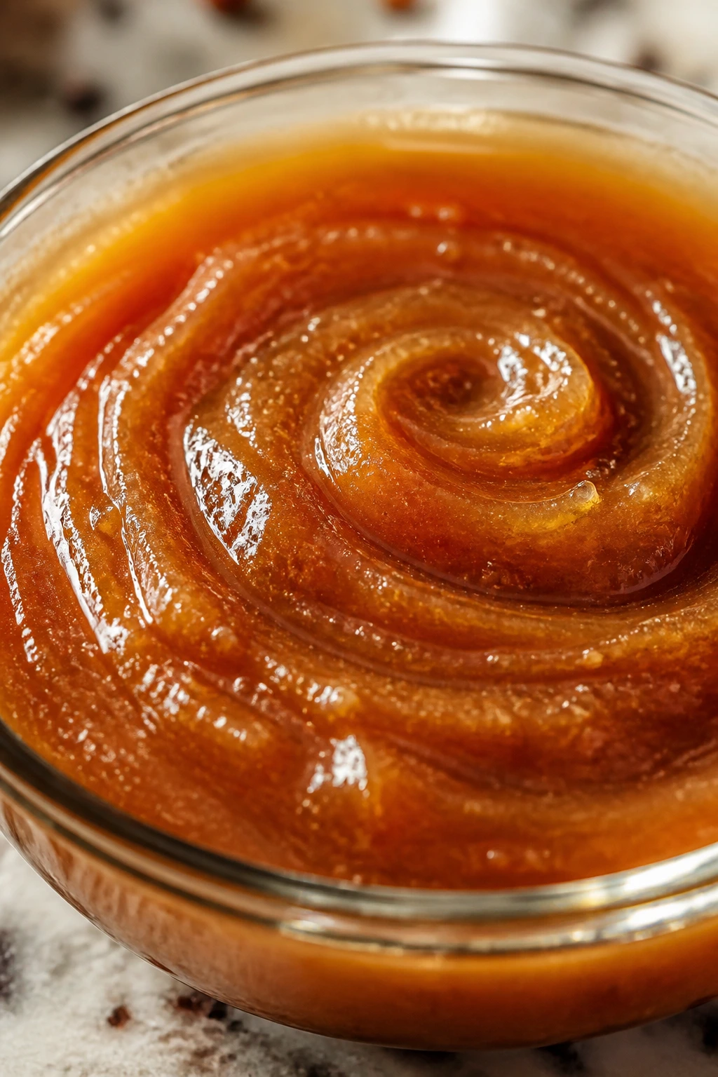 Amber glaze swirls in a small glass bowl with a warm kitchen backdrop