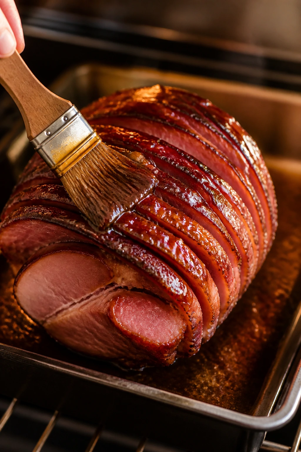 Glaze being brushed onto spiral ham in roasting pan