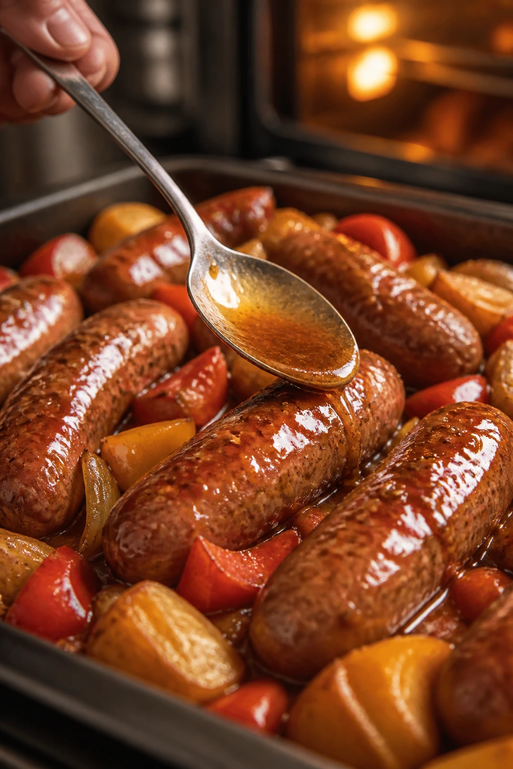 Spoon glazing sausages in a pan to lift the glaze