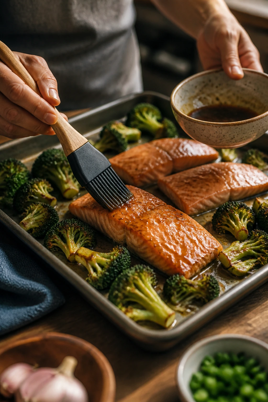 Cook brushing glaze on salmon on sheet pan