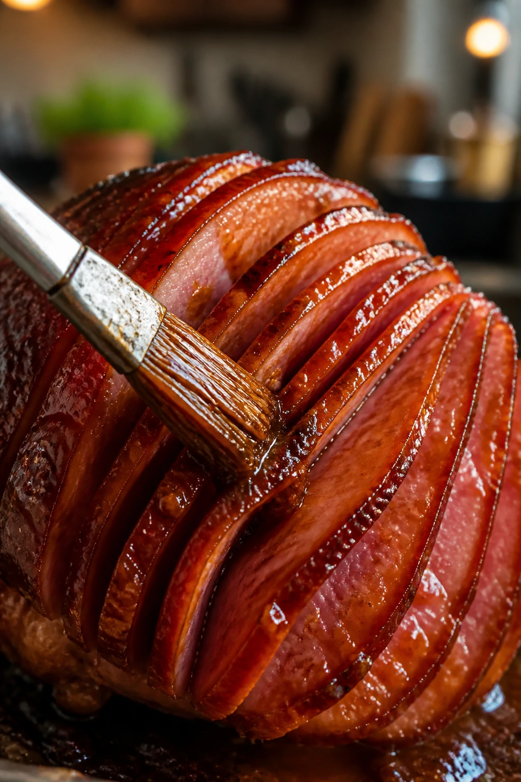 Glaze brushed between spiral ham slices to enhance shine.