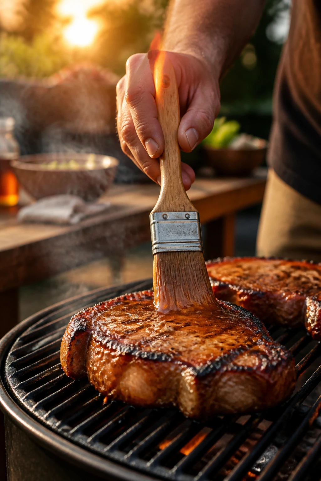 Hand brushing glaze onto pork chop on grill.