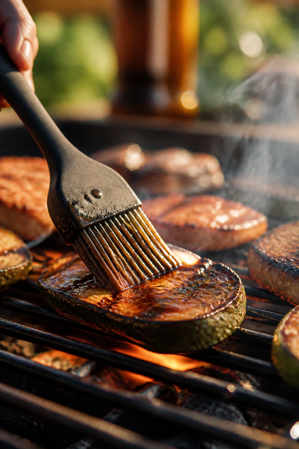 Silicone brush applying glaze to a charred vegetable on a grill in an outdoor kitchen