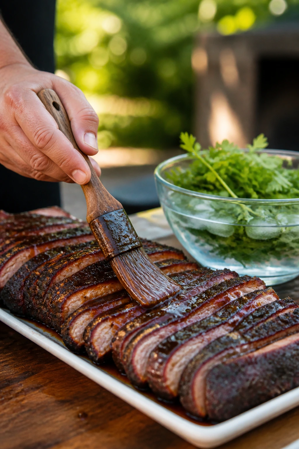 Hand brushing glaze on brisket to keep display fresh