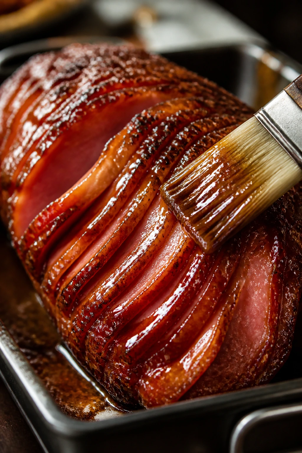 Ham surface being brushed with glaze to create a glossy crust.