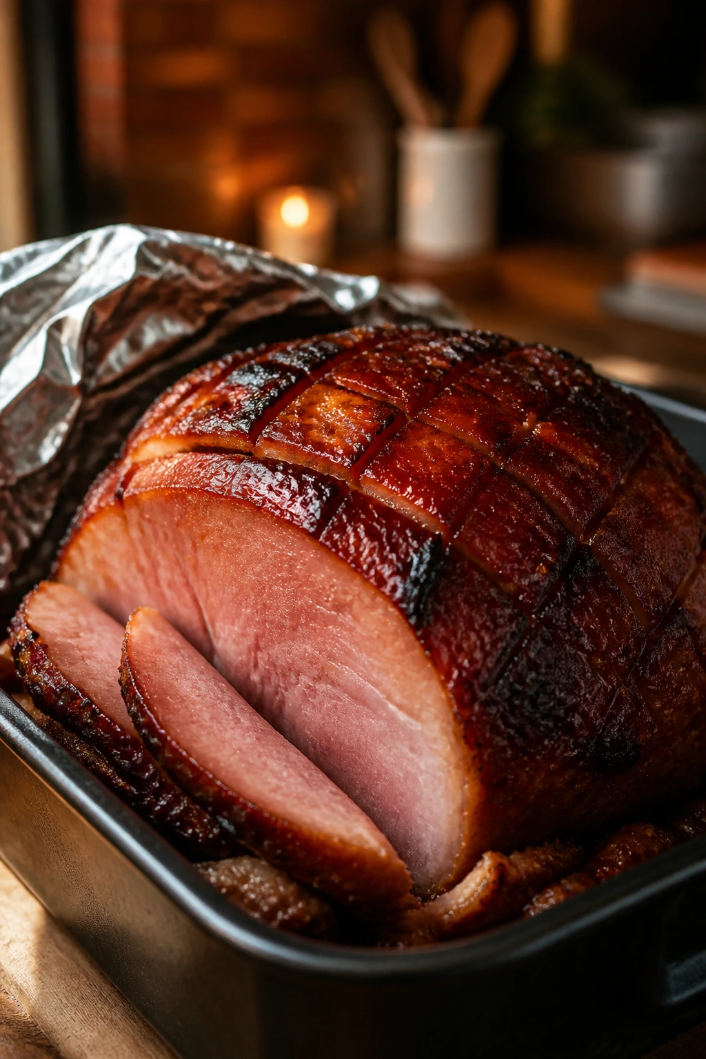 Ham with slightly burnt glaze edges in a roasting pan