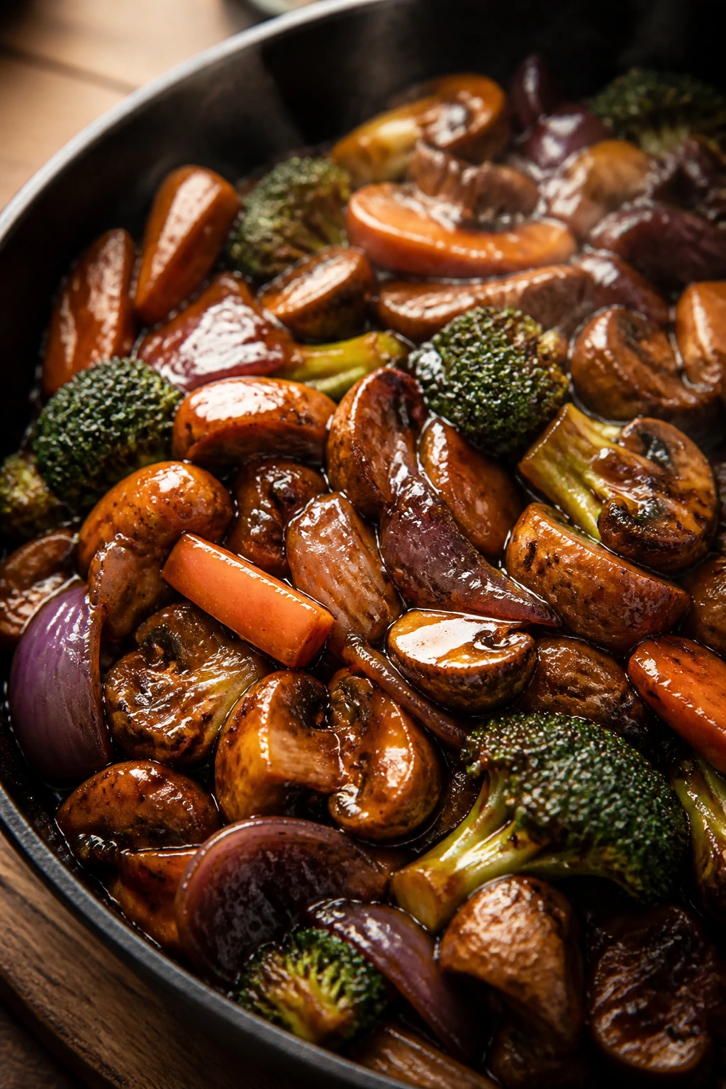 Close-up of glossy glaze on roasted vegetables, caramel finish