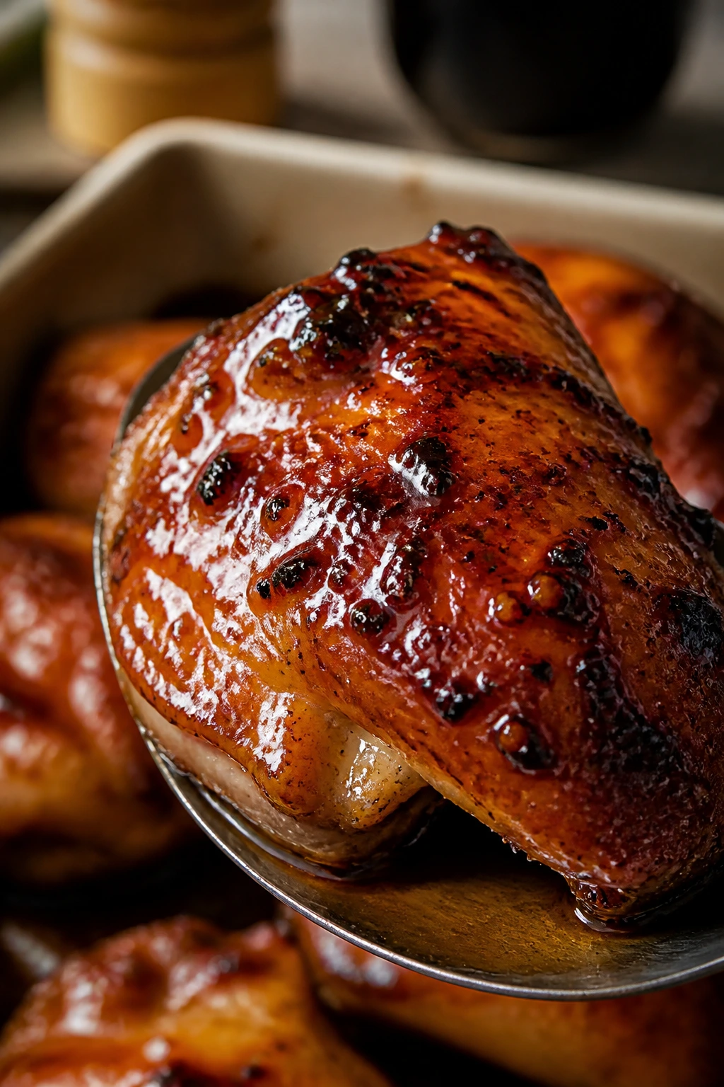 Glossy glaze coating on roasted chicken thigh