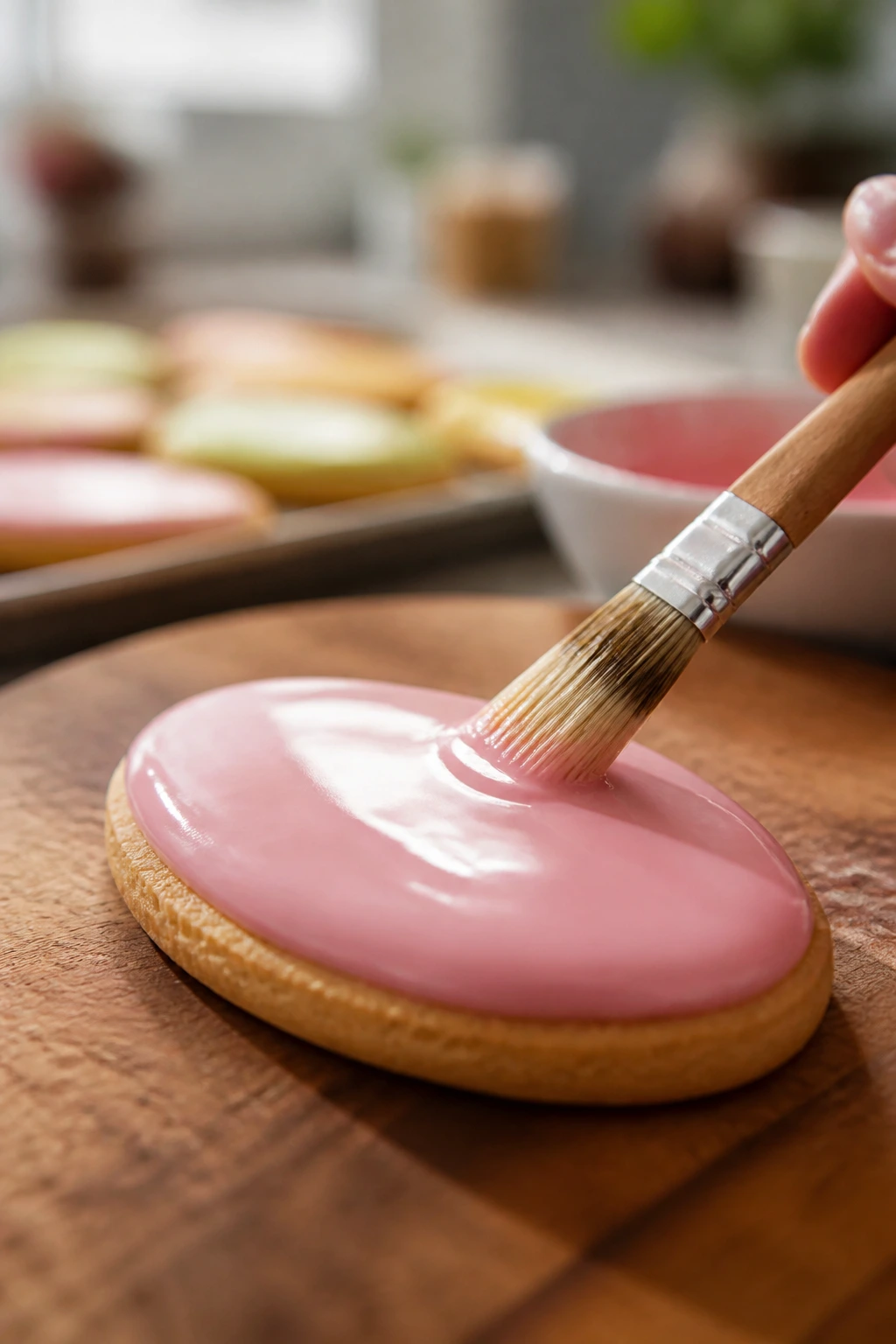 Glossy glazed egg-shaped cookie being brushed with glaze in a home kitchen