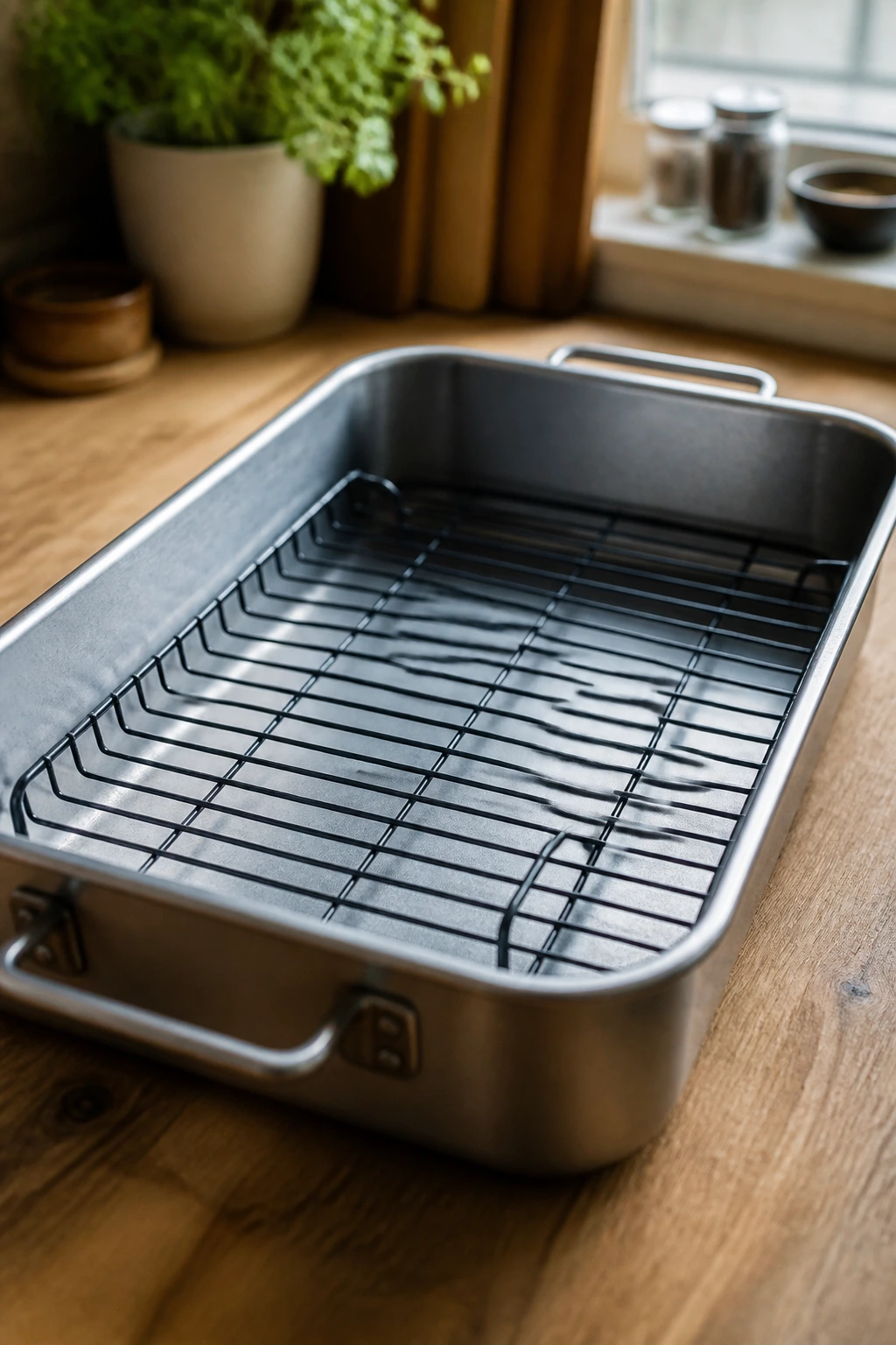 Close-up of a roasting pan with rack ready for glaze in a warm kitchen