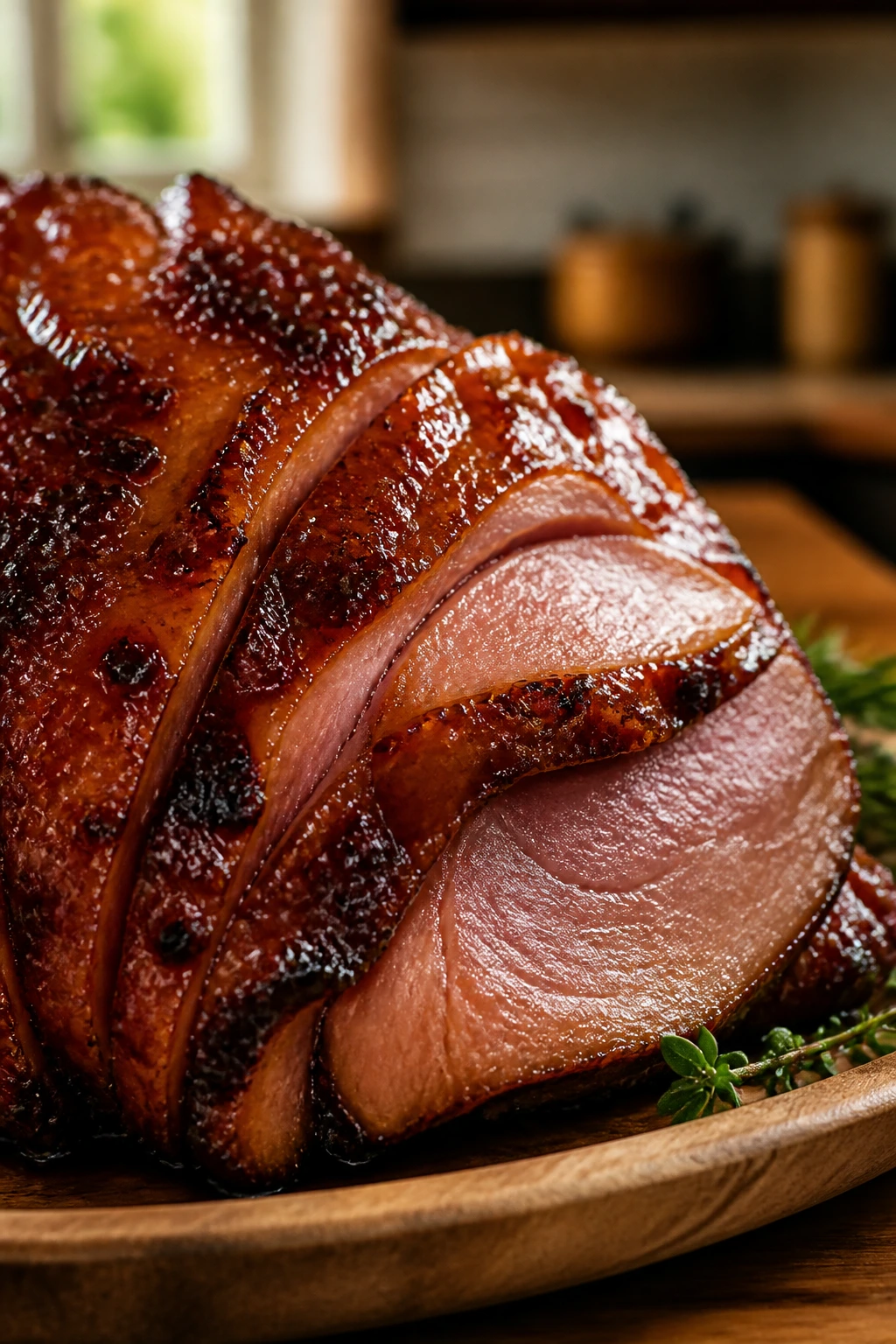 Close-up of glossy glaze on ham slice in warm kitchen