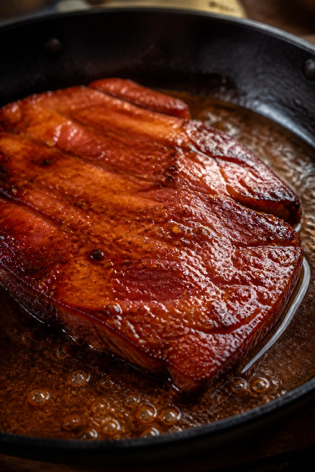 Ham in a skillet with glossy glaze pooling around the meat