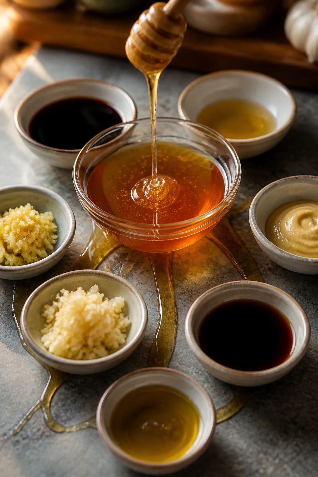 Close-up of glaze ingredients in small bowls with glaze links