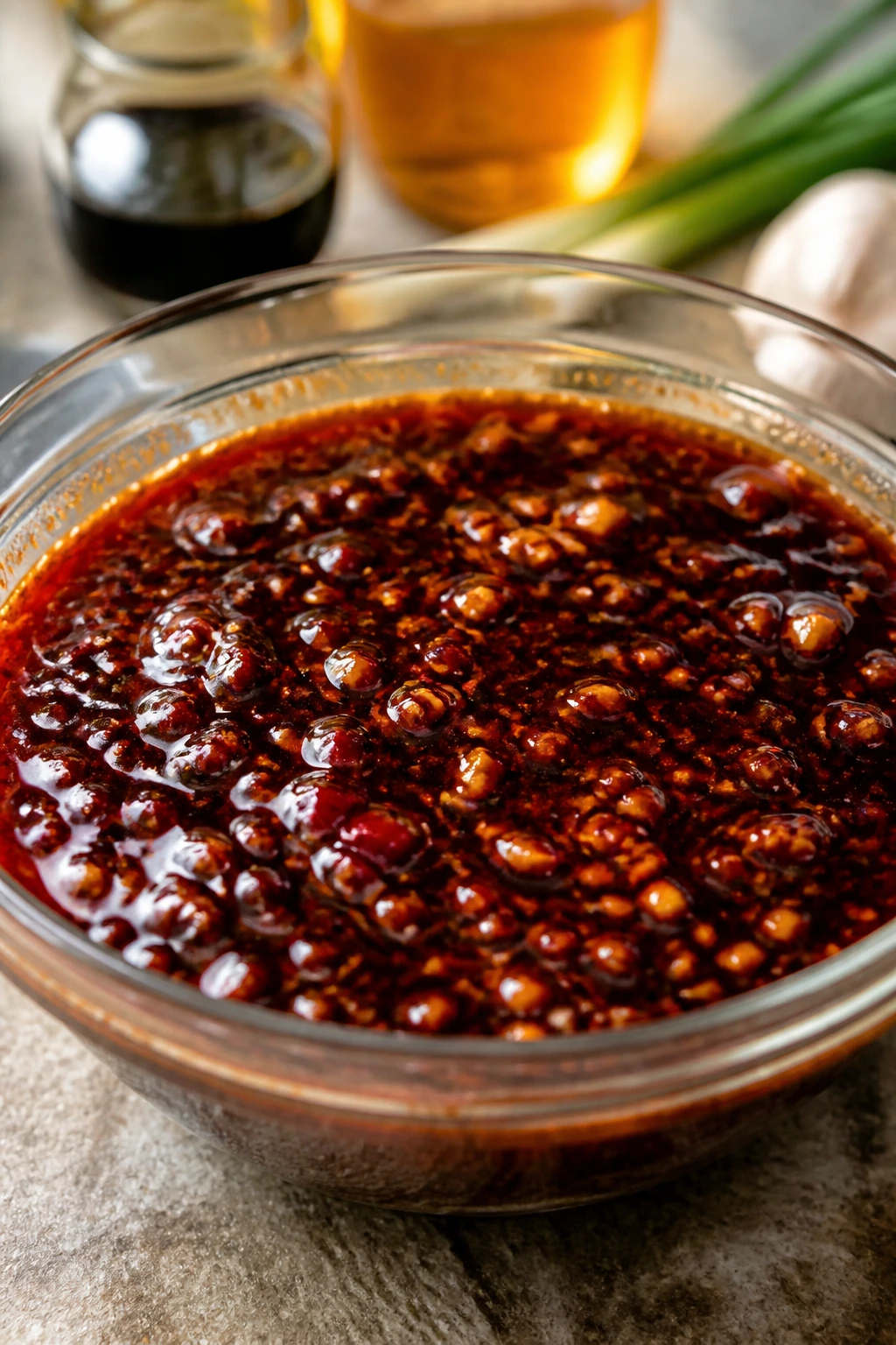 Glossy glaze in a glass bowl with kitchen background
