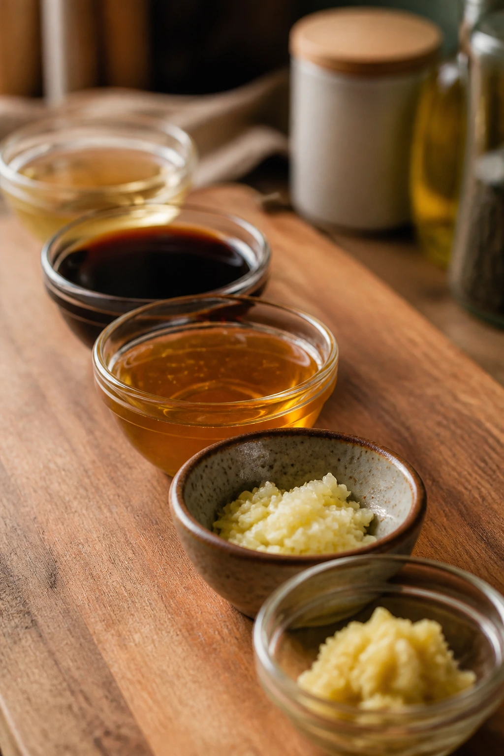 Bowls of glaze ingredients arranged on a wooden counter