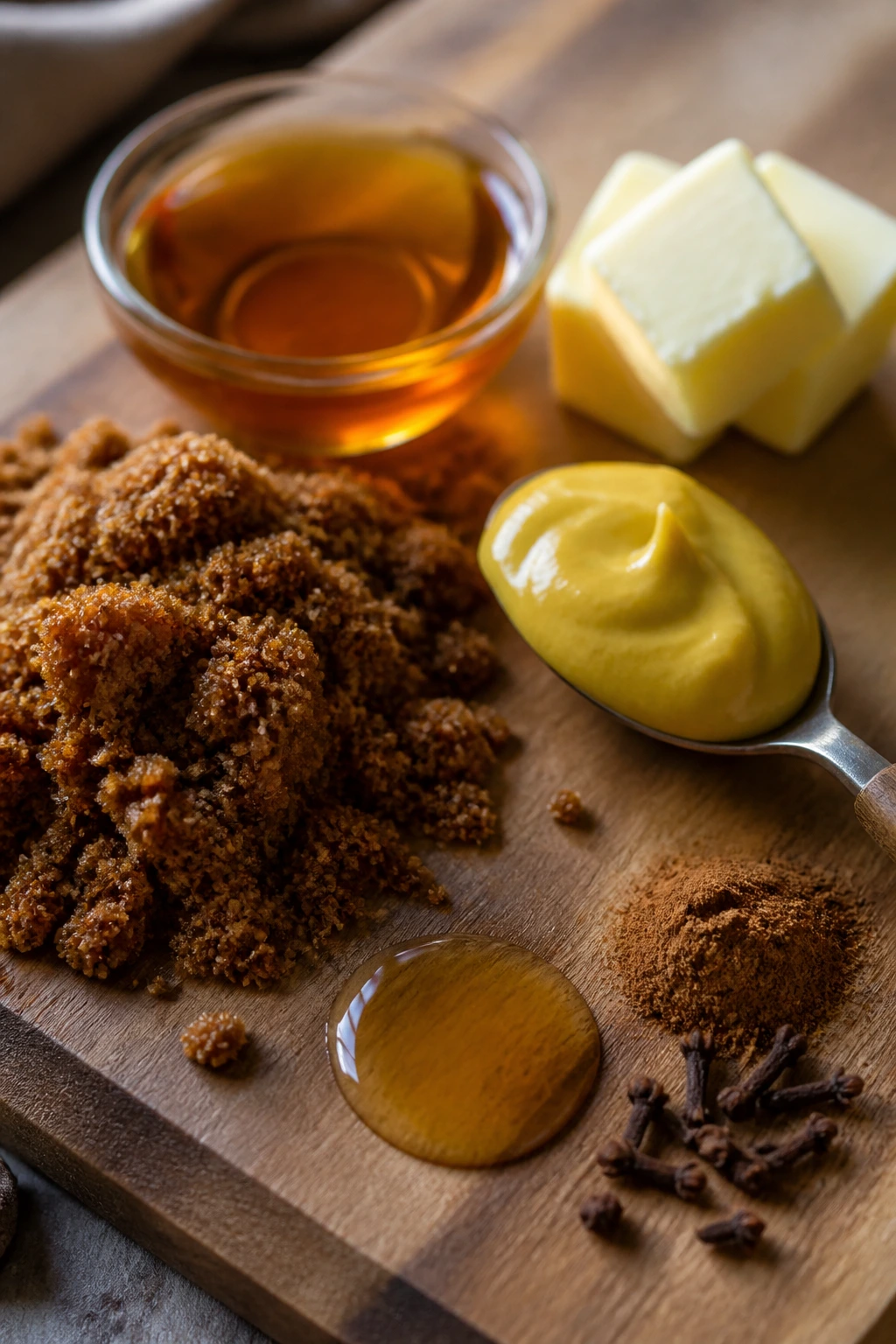 Ingredients for glaze arranged on wooden board