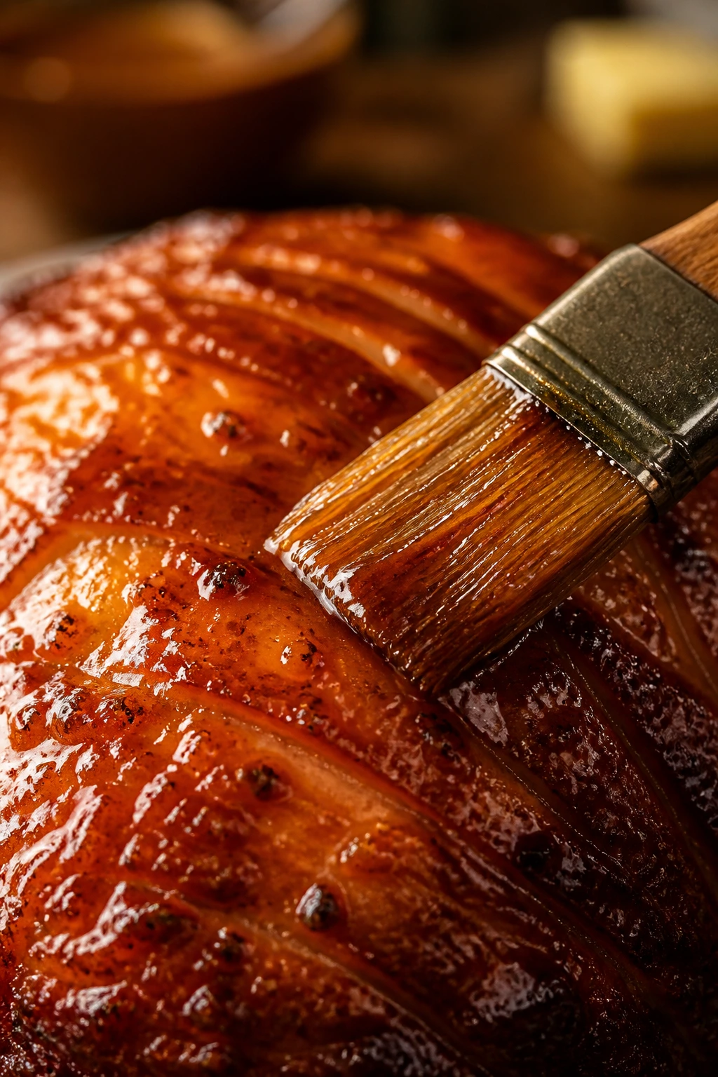 Close-up of glossy glaze being brushed for ham