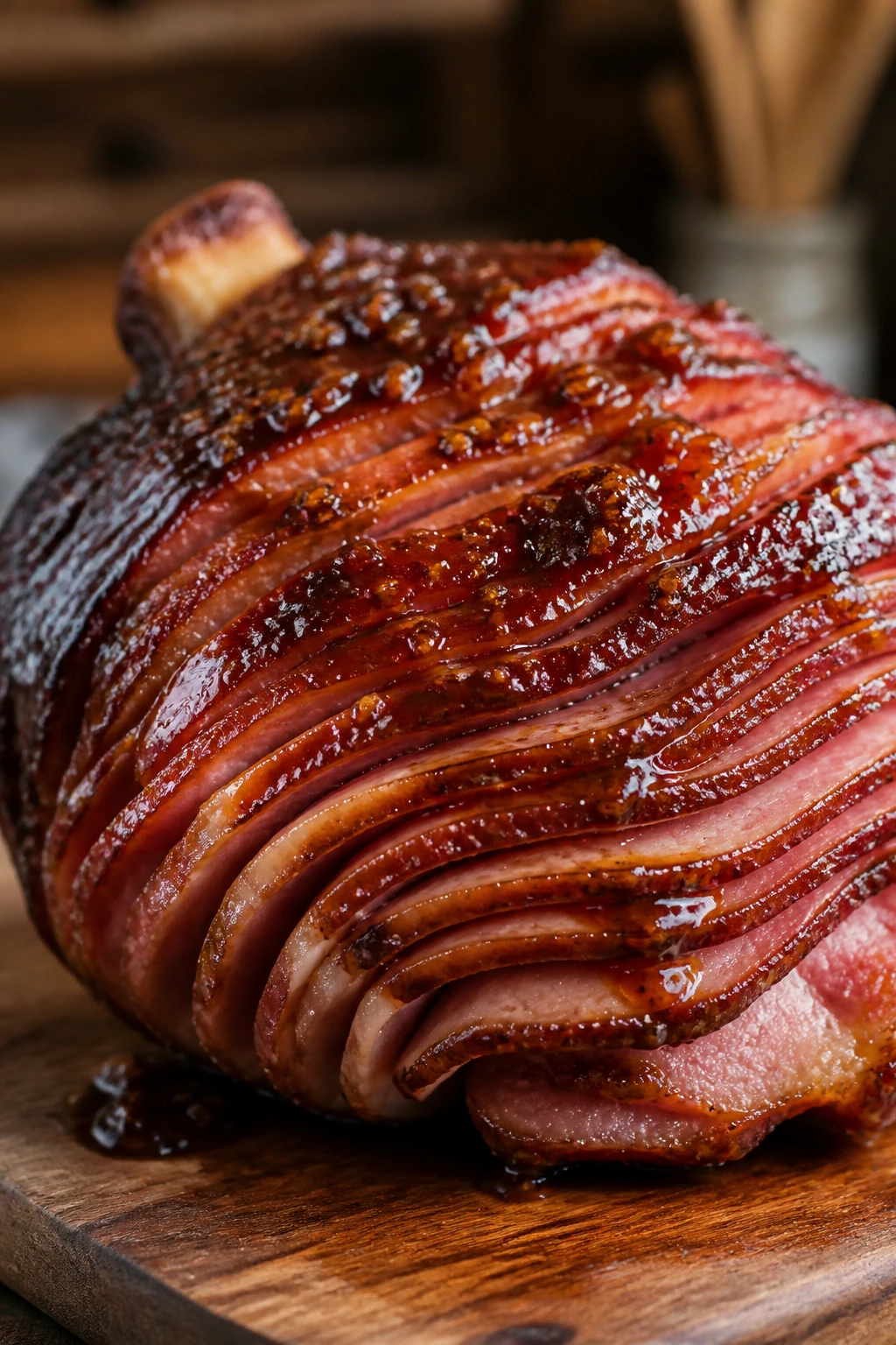 Close-up of glazed ham showing glaze and caramelization