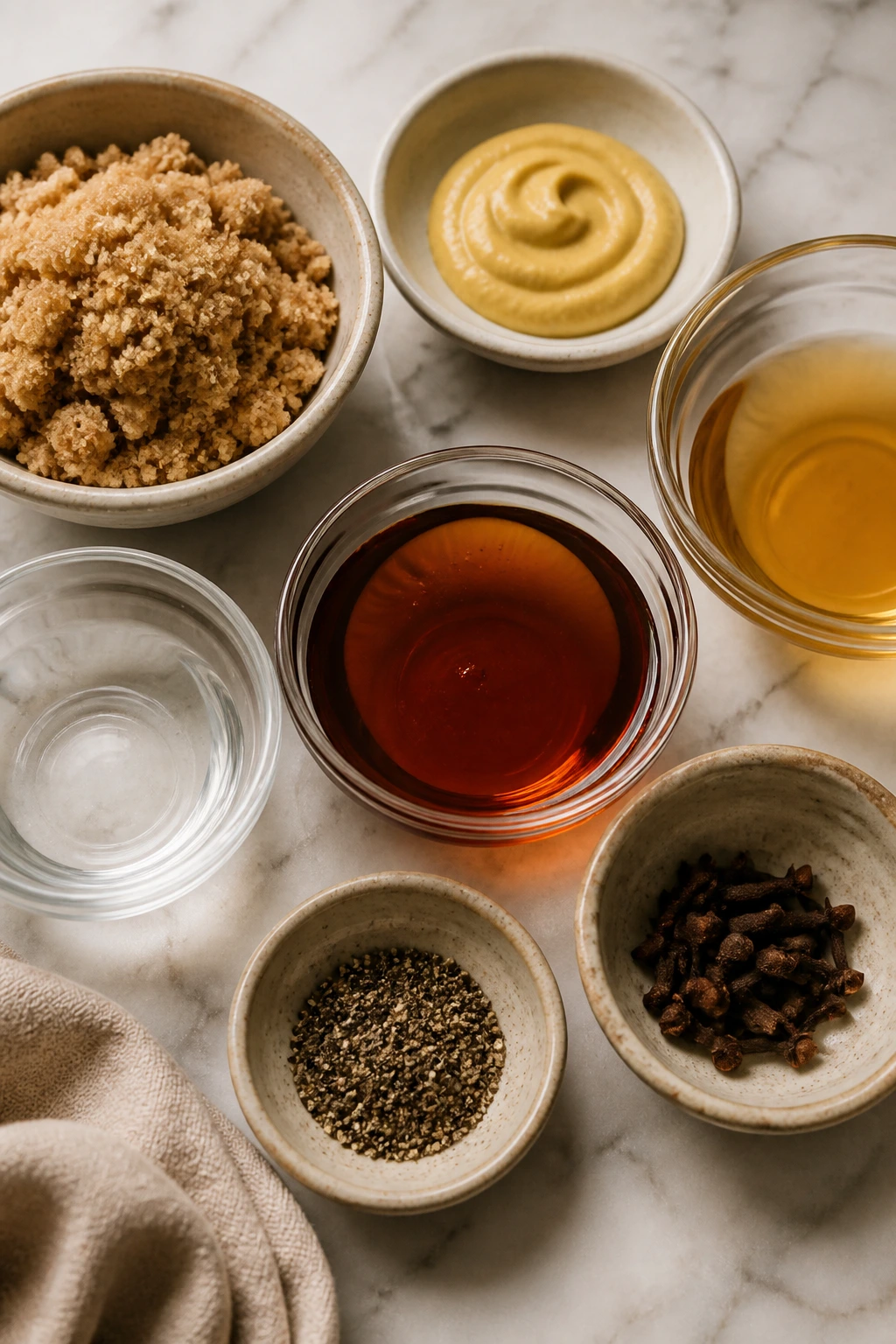 Top-down view of glaze ingredients arranged for ham