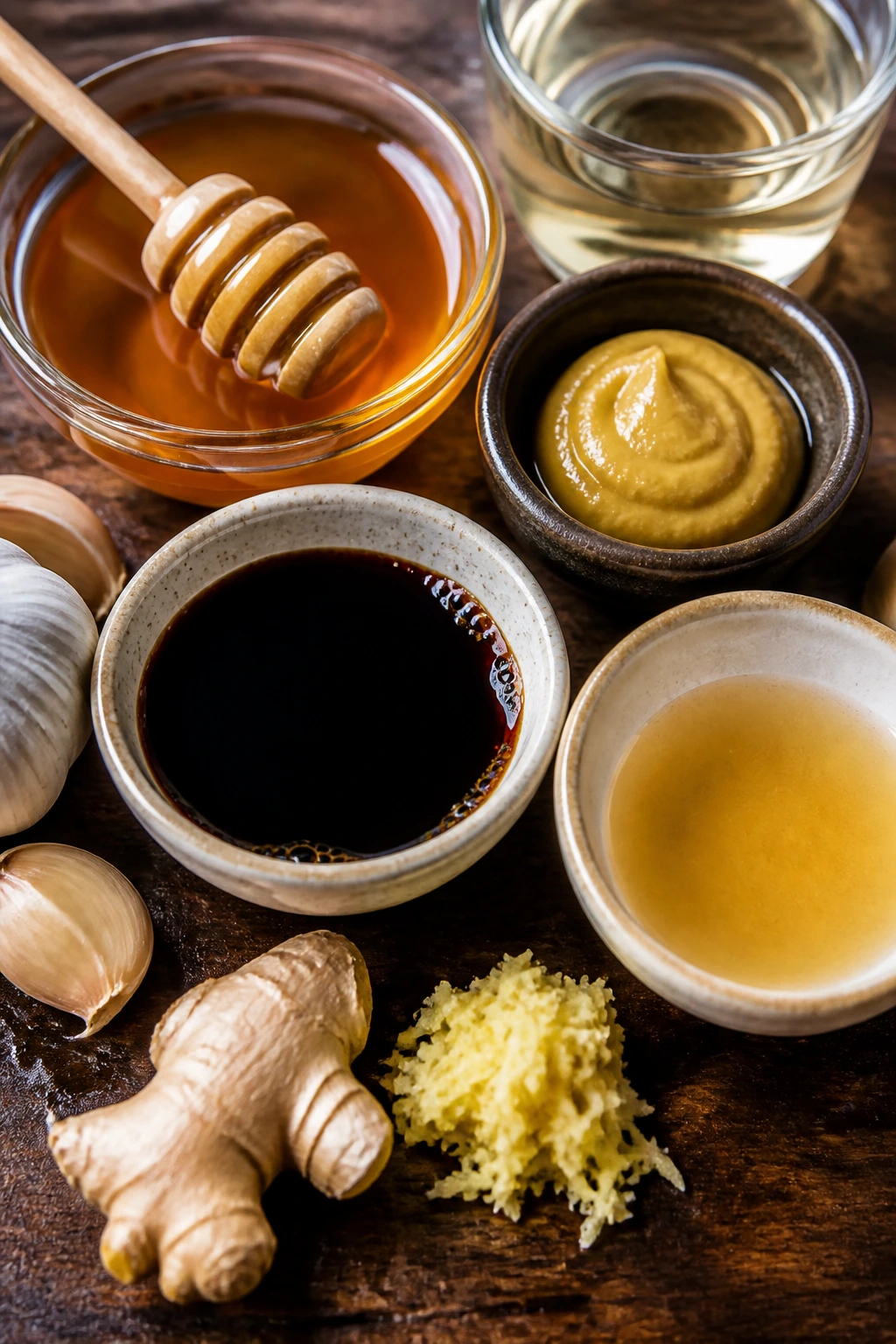 Close-up of glaze ingredients in wooden bowls with glaze
