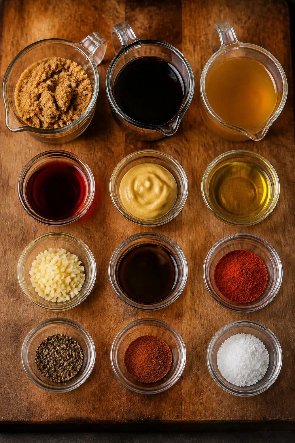 Overhead view of measuring cups and bowls with glaze ingredients on a wooden board