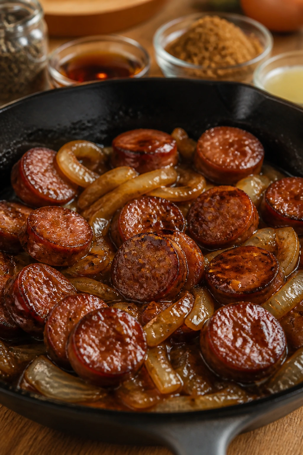 Sausage skillet with glaze and onions in a warm kitchen
